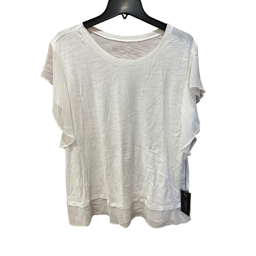 DG2 Diane Gilman Womens White Slub Knit Flutter Sleeve Layered Hem Top XL NWT